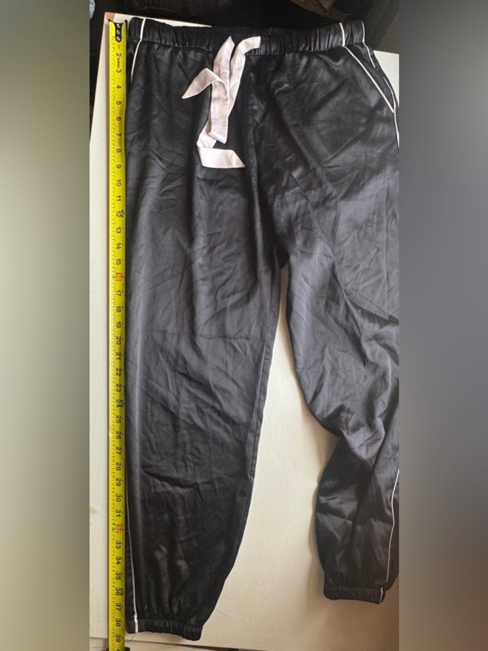 Victoria's Secret Black Satin Pajama Pants with Pin-strip & Heart Cutout - Picture 8 of 9